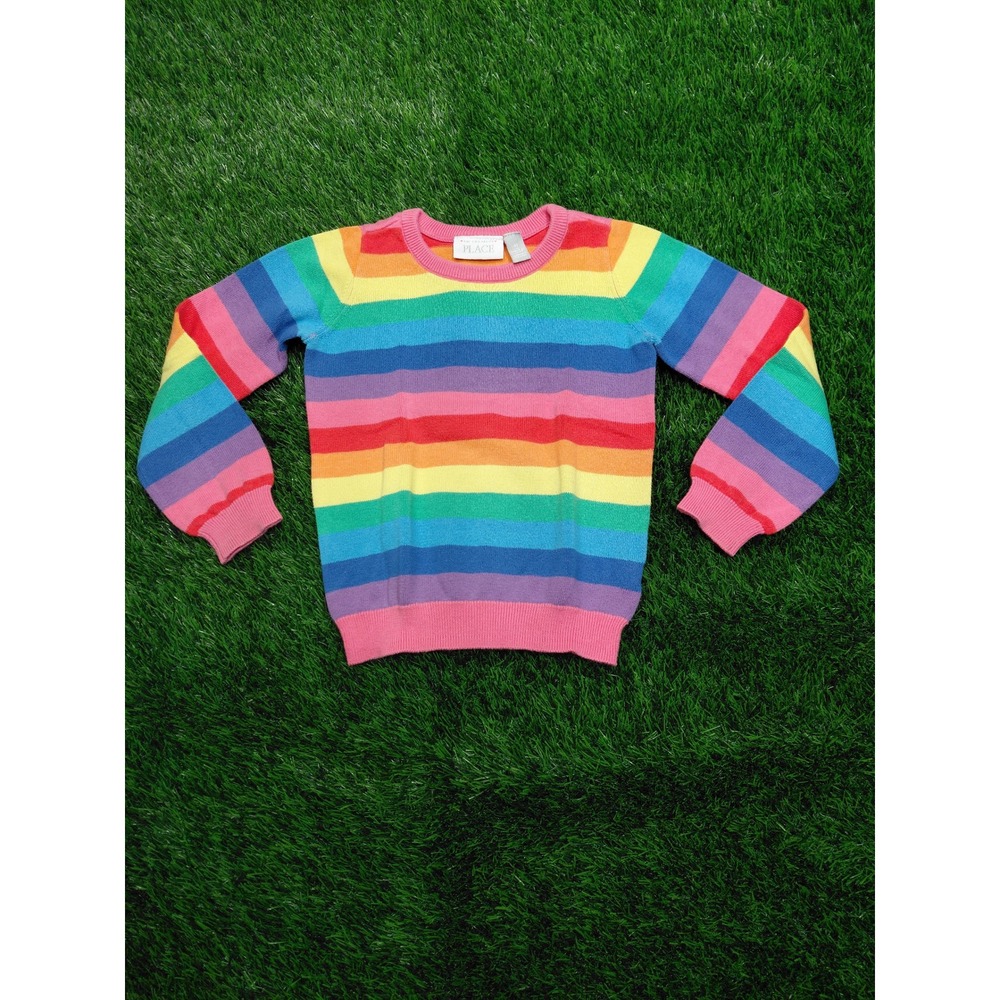 The Children's Place Sweater Girls 5T Rainbow Striped Crewneck Knit Cotton Blend